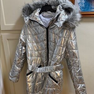 Metallic Silver Quilted Hooded Puffer Coat with Faux-Fur Trim